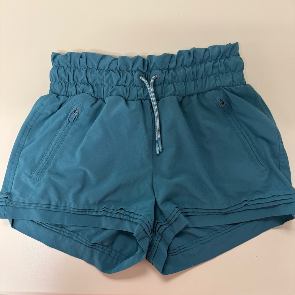 Athleta Girl Shorts L Teal Road Trippin Pullon High Waist Drawstring Stretch 3"
